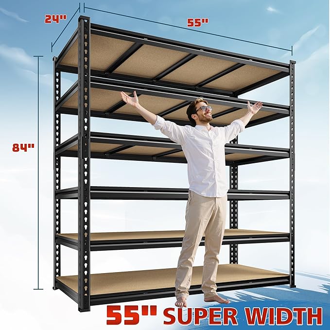 55" W Storage Shelves, 3060LBS Garage Shelving, 6-Tier Heavy Duty Shelving, Adjustable Metal Shelving Unit for Garage, Warehouse, Pantry, Kitchen, 55" W × 24" D × 84" H, Black
