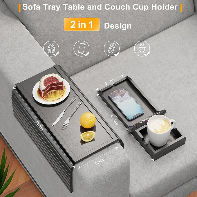 Couch Armrest Table, Sofa Arm Tray with Detachable Couch Cup Holder - 2 in 1 Anti-Slip Foldable Sofa Armchair Caddy Table for Drinks Cellphone TV Remote Snacks (Black)