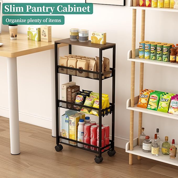 TIPGO Utility Slim Storage Cart, 4 Tier Rolling Cart with Wheels, Narrow Storage Cabinet for Bathroom, Laundry Shelves for Room Organization, Small Organizer for Kitchen, Office and Dorm (Black)