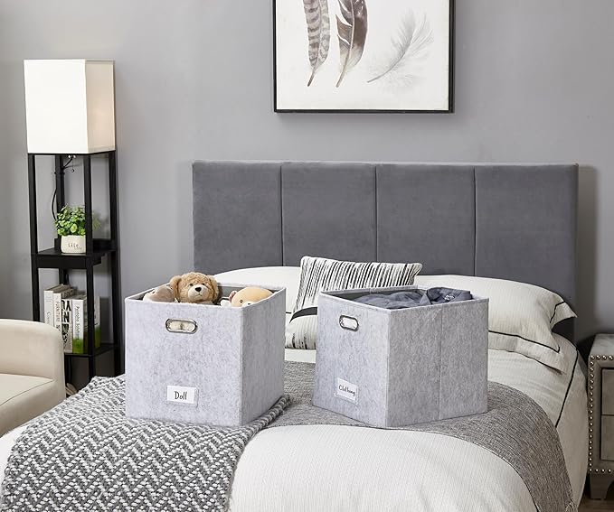 DECOMOMO Felt Storage Bins 13x15x13 Storage Cube Bins with Labels, Baskets for Organizing Shelves (Kallax / 4pcs, Light Grey)