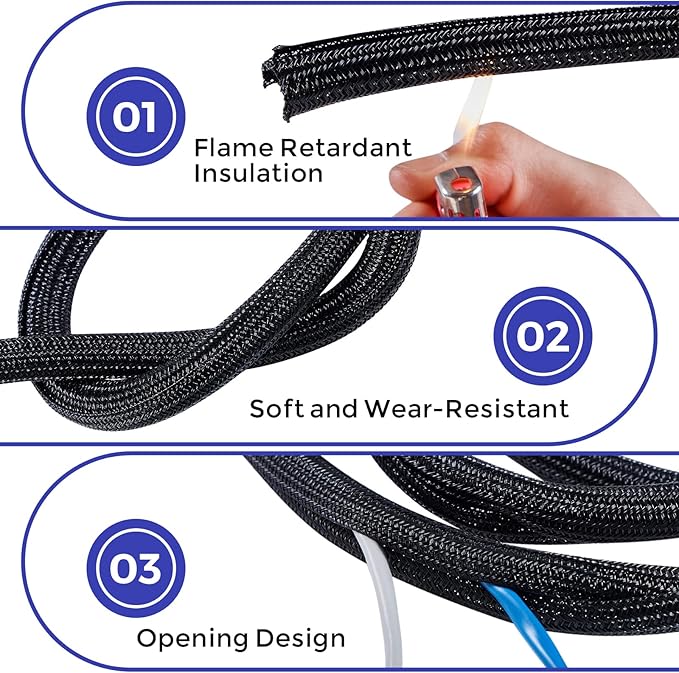 Cable Management Sleeves 1in - 2 Pack 6.6ft Split Braided Sleeve Black, Protectors From Pets, Wire Organizers, Flexible Wrap for Computer Cord Management