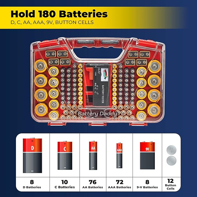 Ontel Battery Daddy Storage & Organizer Case with Tester, Stores & Protects Up to 180 Batteries, Double-Sided, Durable Design with Clear Locking Lid, Secure Latches & Portable Carrying Handle - Red