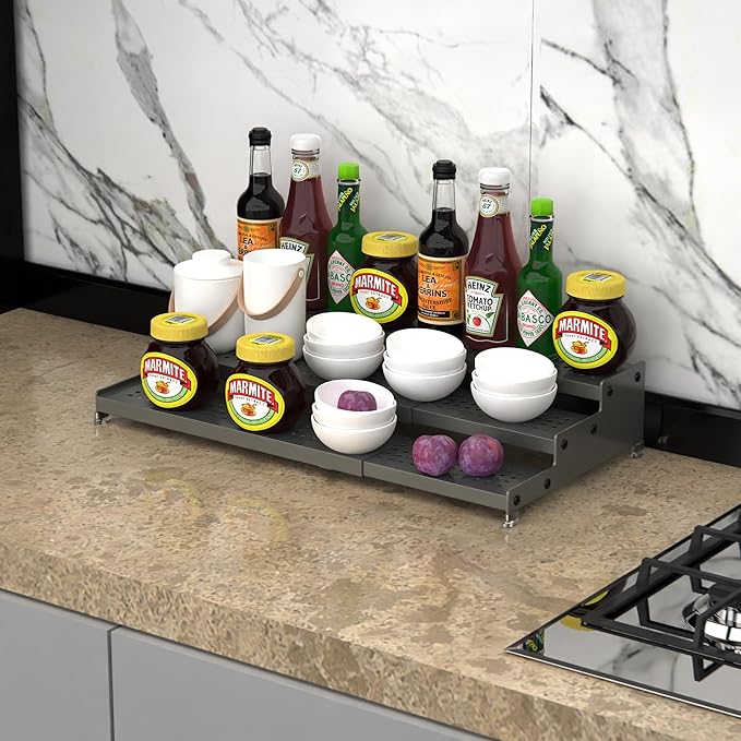 Metal Spice Rack Organizer for Cabinet, 3 Tier Expandable Spice Storage shelf, Great for Kitchen Cabinets, Cupboard,Pantry and Countertop More,Metal plate with hole(2PACKS/GUN-GREY)