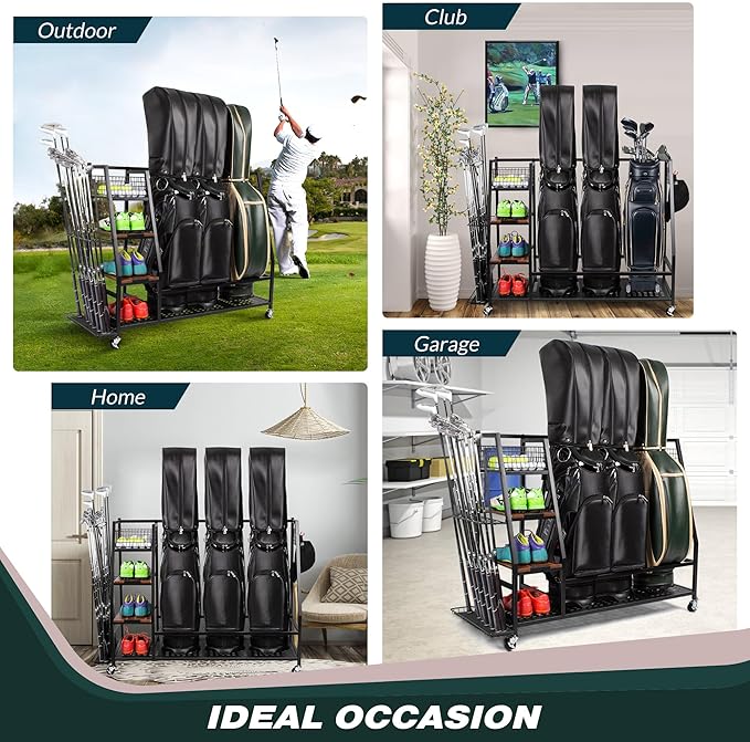 Golf Bags Storage Garage Organizer, Golf Bag Rack Fits 2/3 Golf Bags and Golf Equipment Accessories, Golf Club Storage Stand with Wooden Shelf and Lockable Wheels for Garage Indoor Basement