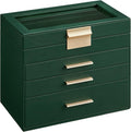 SONGMICS Jewelry Box Organizer with Glass Lid, 4-Layer Jewelry Storage, with 3 Drawers, Modern Style, Christmas Gift, 6 x 9.9 x 8.5 Inches, Forest Green and Gold Color UJBC161G01