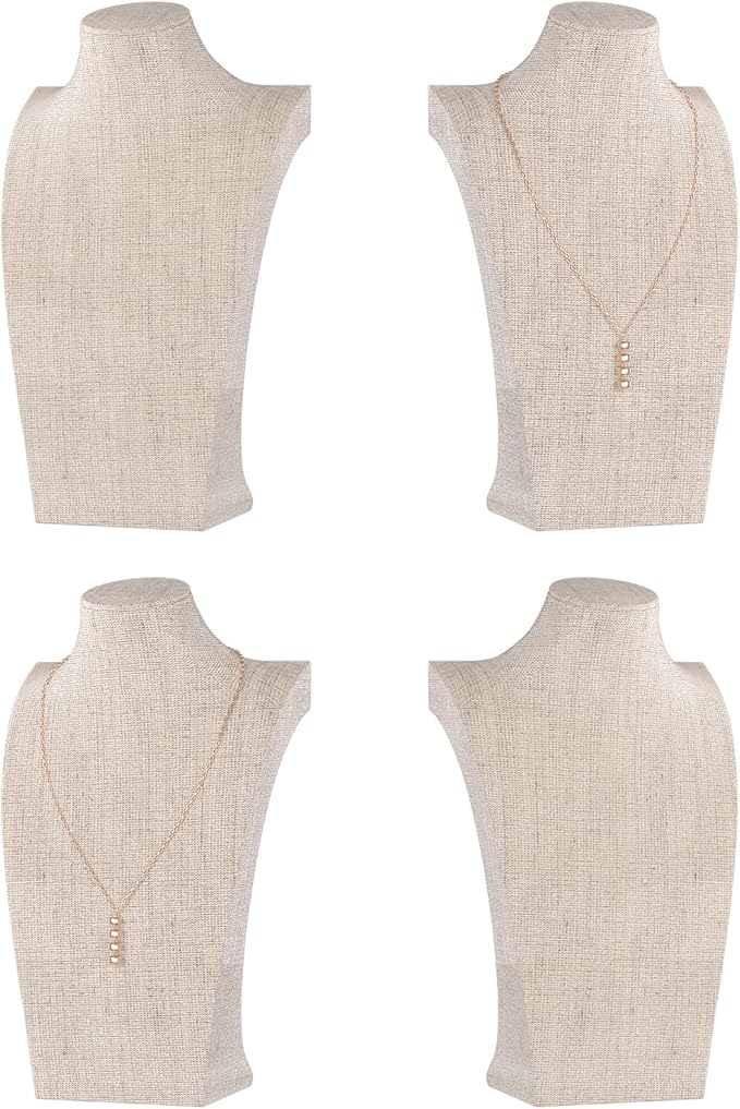 Necklace Bust Display Stand, Necklace Holder, Pendant Chain Necklace Organizer for Women (Yellow Linen, L 4PCS)