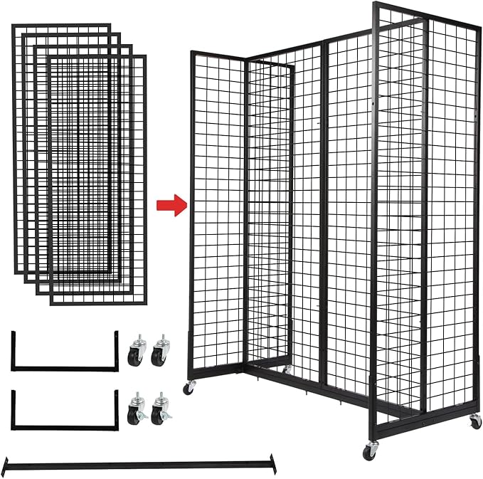 Grid Gondola Unit, 4pcs 2'x 5' Grid Wall Panels with Sturdy Frames, Gridwall Display Stand with Wheels, Craft Show Gridwall Display Rack, Art Display - Black