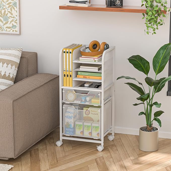 Rolling File Cart with 2 Drawers, White Rolling Cart with Drawers for Hanging File Folders, Letter-Size File Storage with Wheels, File Cabinet Organizer for Office and Home, White