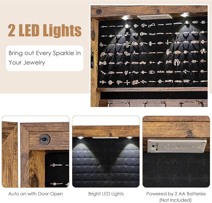 Giantex Wall Door Mounted Jewelry Armoire Cabinet with 47.5" H Full Length Mirror, 2 LEDs Lockable Jewelry Organizer Box with Bracelet Rod, 2 Drawers, Large Storage Capacity (Rustic Brown)