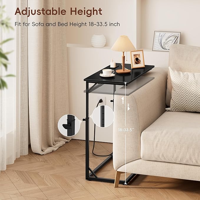 Vagusicc C Shaped End Table with Charging Station, C-Table End Table Adjustable Height Side Table for Couch, Large Couch Tables,Slide Under Sofa Tables TV Tray Arm Tables for Living Room,Bedroom,Black