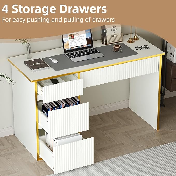 4 EVER WINNER White Desk with Drawers with Hidden Handle, 47 Inch Computer Table with Storage File Cabinet, Wood Desks with Drawers Vanity Writing Table for Study, White and Gold Desk