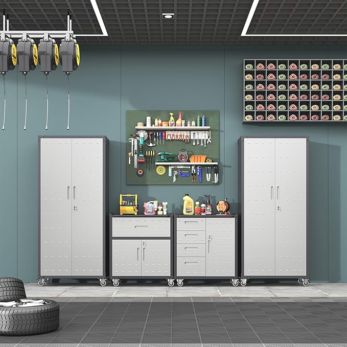 Metal Tool Cabinet,Garage Storage Cabinet System,Wall Cabinet & Locking Rolling Tool Cabinet with Doors and Adjustable Shelves,Steel Tool Cabinets for Home (4 Pcs-StyleB, Black & Grey)