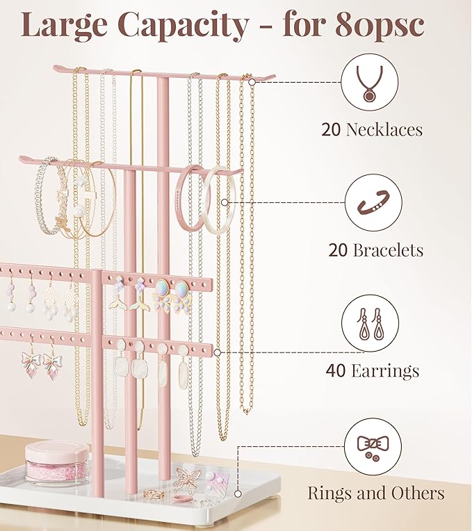 pickpiff Jewelry Holder Organizer, 12.5'' Tall Sturdy Metal Stand, 3-Tier Jewelry Hanger for Necklace, Earring, Bracelet, Ring, for Display and Storage, Aesthetic Room Decor, Pink