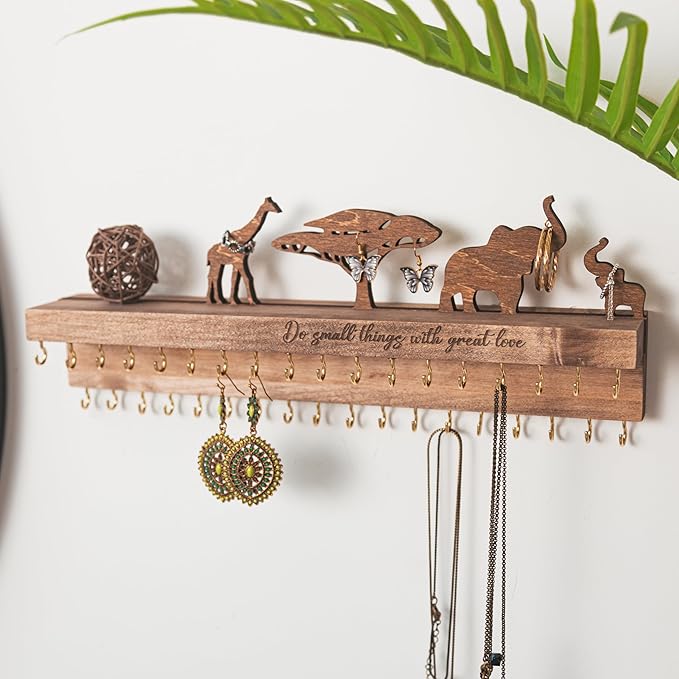 Wooden Jewelry Organizer for Women, Wall Mounted Necklace & Earring Holder with Decor, Personalized Gift Idea for Girlfriend, Anniversary, or Vanity Storage