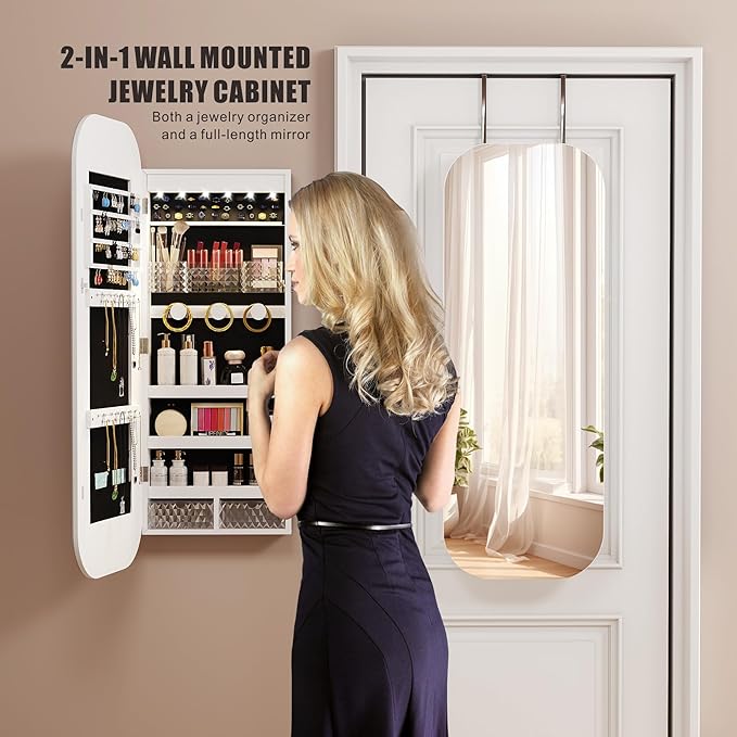 6 LED Mirror Jewelry Cabinet - Wall/Door Mounted Jewelry Armoire with Large Capacity - Lockable Tall Hanging Organizer - Cosmetic Storage & Gift Idea - White