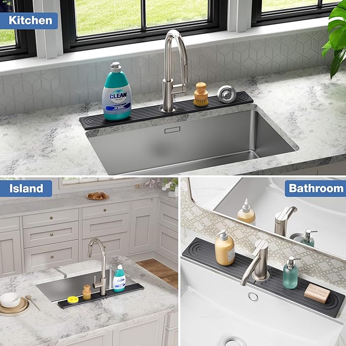 DK177 Faucet Mat for Kitchen Sink - Water Absorbing Stone Tray for Sink, Diatomite Fast-Drying Faucet Mat, Faucet Splash Guard for Bathroom Counter (Dark Gray, 23.6" x 4")