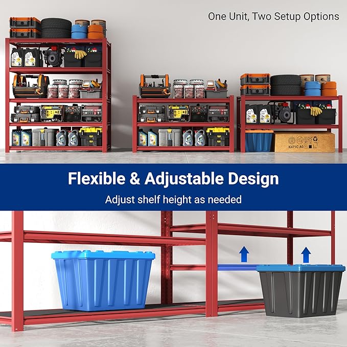FLEXIMOUNTS 2 Pack 60" W Garage Shelving, 5 Tier Storage Shelves Load 1500LBS, Adjustable Garage Shelving Heavy Duty, Metal Shelves Unit for Basement, Warehouse, 60" W x 72" H x 24" D, Red
