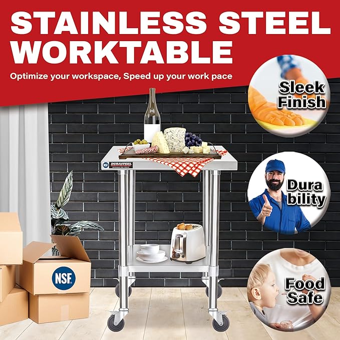 DuraSteel 24x18 NSF Stainless Steel Cart - Heavy Duty Rolling Food Prep Table with Undershelf - Metal Utility Cart for Commercial Restaurant Kitchen, Laundry, Side Mixer Stand