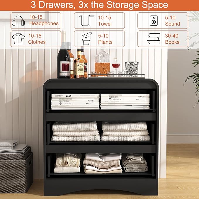 3 Drawer Dressers for Bedroom, 32" Wide Wood Storage Dresser & Chest of Drawers Organizer, Large Modern Dressers with 3 Drawer Storage Organizer for Bedroom Living Room Hallway Closet, Black