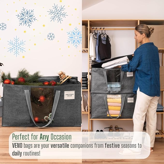 VENO 8 Pack Moving Bags, Comforter and Blanket Storage Bags for Closet, Moving Boxes, Boxes with Lids Alternative, College Dorm Packing Supplies, Foldable Heavy-Duty Tote with Window (Gray, 8 Pack)