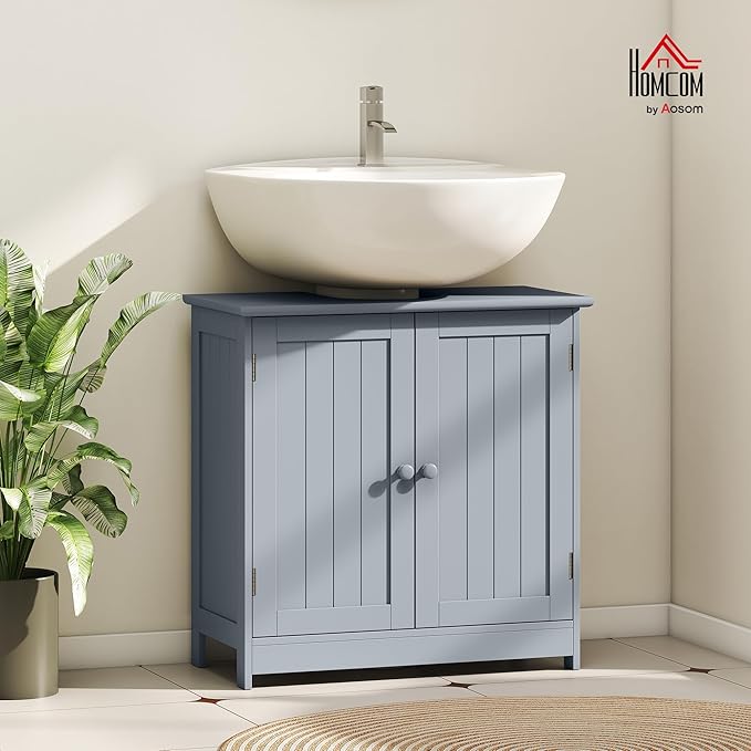 HOMCOM Under Sink Bathroom Cabinet with 2 Doors and Shelf, Pedestal Sink Bathroom Vanity Cabinet, Gray