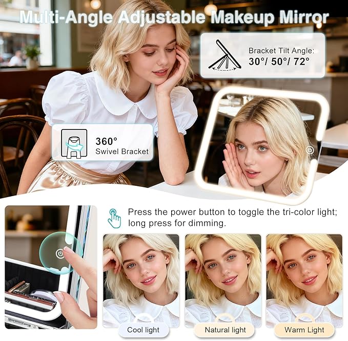 Makeup Case with Magnetic LED Mirror Travel Cosmetic Organizer Portable Makeup Box with Lighted Up Mirror Make Up Vanity Nail Box Lipstick Artist Storage with Lockable Dividers Brush Holder Shiny Blue