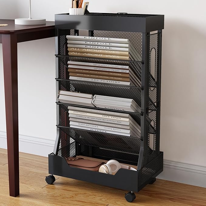Book Cart with Wheels Mobile Bookshelf Rolling Bookshelf Organizer Bookcase Book Storage Rack, Book Movable Rolling Carts with Wheels for Office School, Black