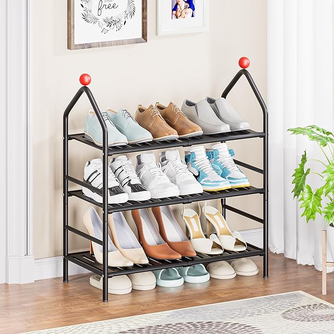 Shoe Rack, 3-Tier Shoe Organizer, Metal Storage Shelf, Shoe Rack for Closet, Free Standing Shoe Racks for Entryway, Garage & Doorway, Sturdy Shoe Shelves, Black