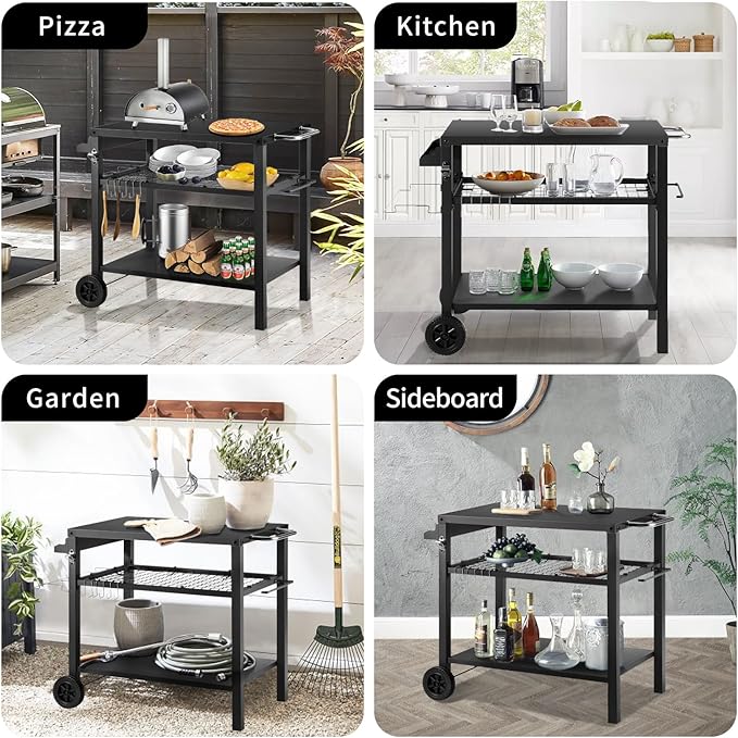 Grill Cart Table with Three Shelf, Movable Outdoor Dining Cart Pizza Oven Stand with Three Hooks, Kitchen Cart Island Multifunction Food Prep Table (Black)