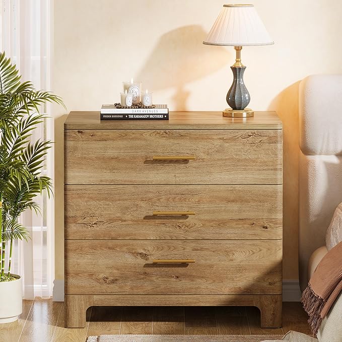 Tribesigns Extra Large Three Drawers Nightstands Set of 2, 31.5" Wooden Rustic Brown Bedside Table with Drawers Storage and Mental Handles for Bedroom, Easy Assembly (2)