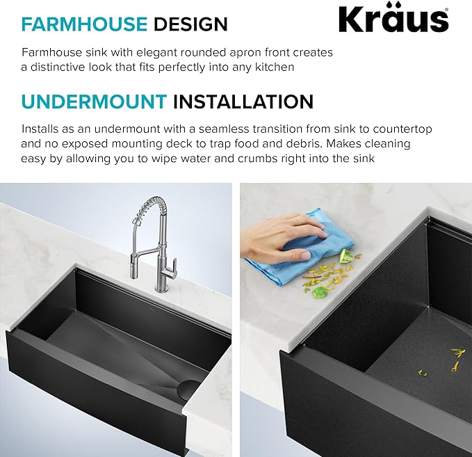 KRAUS Kore Workstation 33-inch Farmhouse Modern Flat Apron Front 16 Gauge Black Stainless Steel Single Bowl Kitchen Sink in PVD Gunmetal Finish with Accessories, KWF410-33/PGM