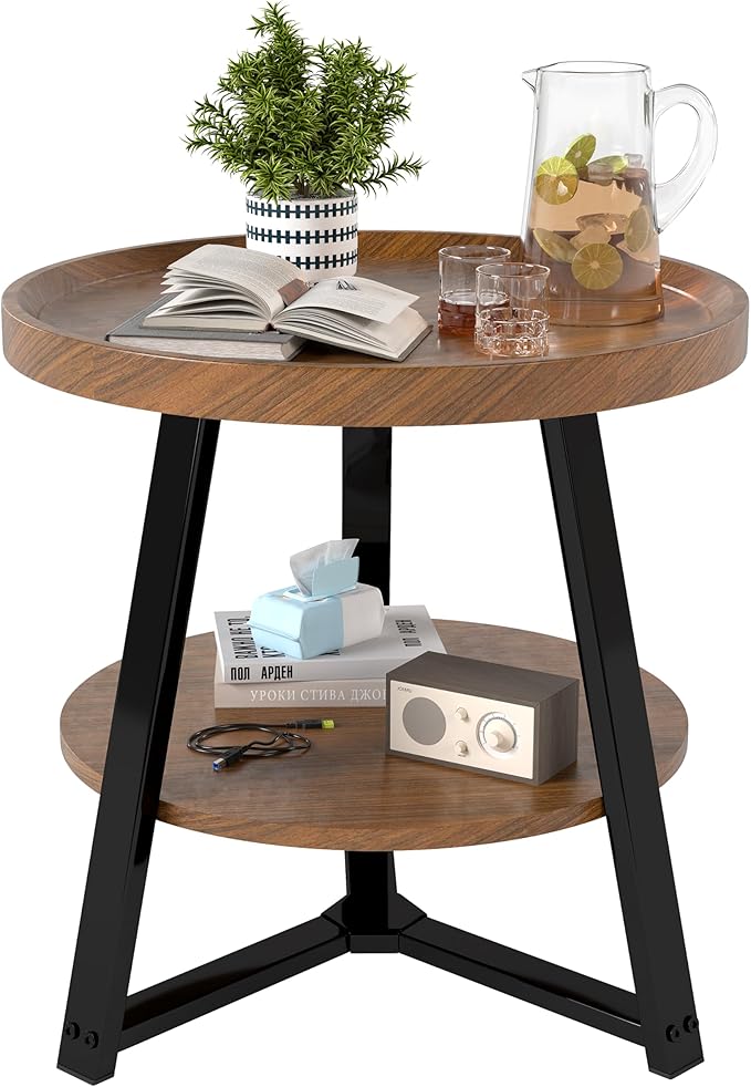 Small Round End Table, 2-Tier Side Table with Storage, Small Round Coffee Table for Living Room, 20'' Living Room Furniture with Sturdy Steel Frame (Brown)