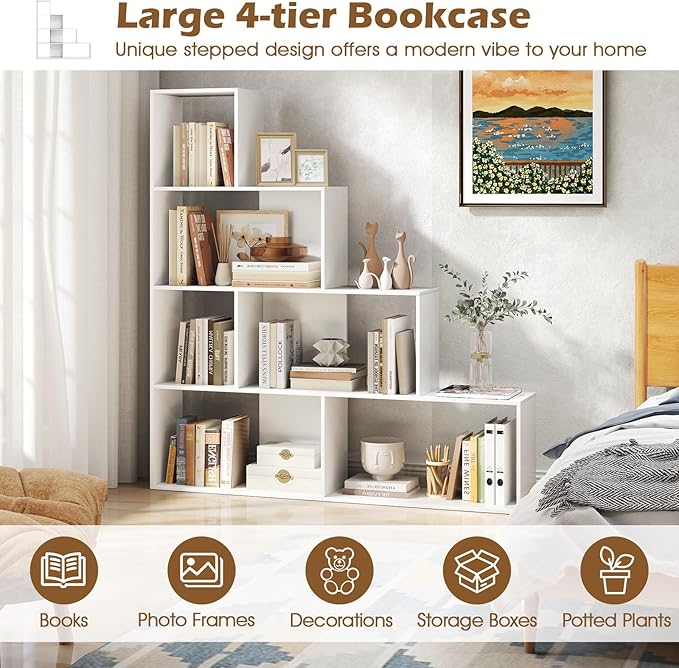 Tangkula 4-Tier Stepped Bookshelf, Freestanding 6 Cubes Ladder Bookcase with Anti-Tipping Kits, 64" Tall Modern Wooden Storage Display Rack for Home Office Living Room Study (2, White)
