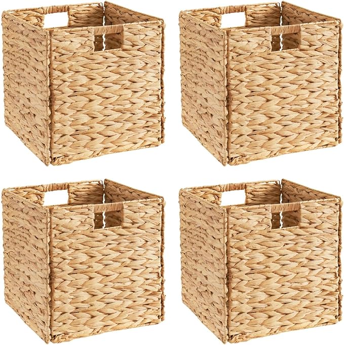 Ornavo Home 13 x 13 Inch Water Hyacinth Baskets Set of 4 – Handwoven Collapsible Wicker Storage Cube Bins with Handles for Bathroom, Bedroom, Laundry and Pantry - Natural