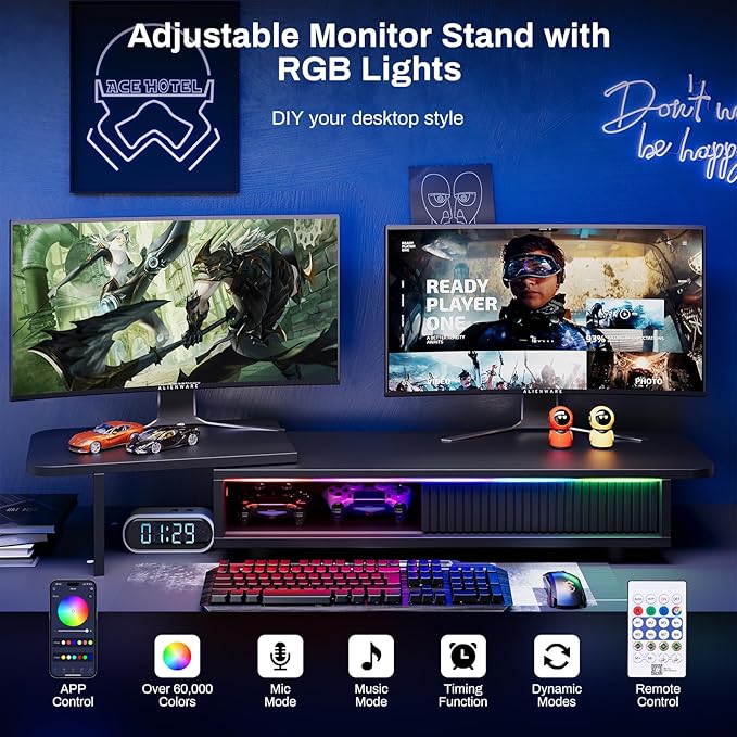 Artswish Adjustable Monitor Riser Stand with Power Outlet & Light Strip, Expand to 45 Inch, Computer Desk Shelf with Sliding Door, Desk Organization for Office, Gaming Room, with Storage, Black