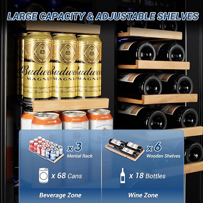 Wine and Beverage Refrigerator Black, 24 Inch Beverage Cooler Under Counter Dual Zone with Glass Door&Lock, 18 Bottles and 68 Cans Large Capacity for Beer Soda Drink, Built-In or Freestanding Fridge