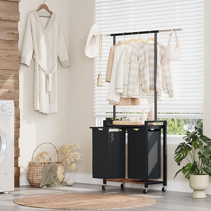 GarveeHome Rolling Laundry Cart with Hanging Rack & Utility Shelf | 2-Section Laundry Sorter Hamper with Lockable Wheels | Laundry Basket Organizer for Laundry Room, Bedroom, Bathroom | Black