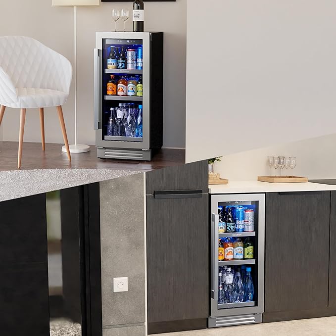 Ca'Lefort 15 Inch Beverage Refrigerator - 100 Can Small Beverage Fridge, Drink Fridge Glass Door 3 LED 34°F -54°F Beverage Cooler Built-in or Freestanding, Perfect for Home/Kitchen(3.0 cu.ft)