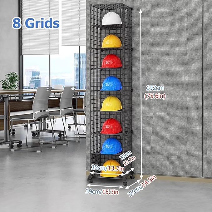 Stackable Safety Helmet Storage Boxes, Large Adjustable Hard Hat Placement Organizer Rack,with Wheels,for Construction Site/Garage/Workshop/Factory Helmet Display Shelf (Black, 8 Grids-1 * 8)