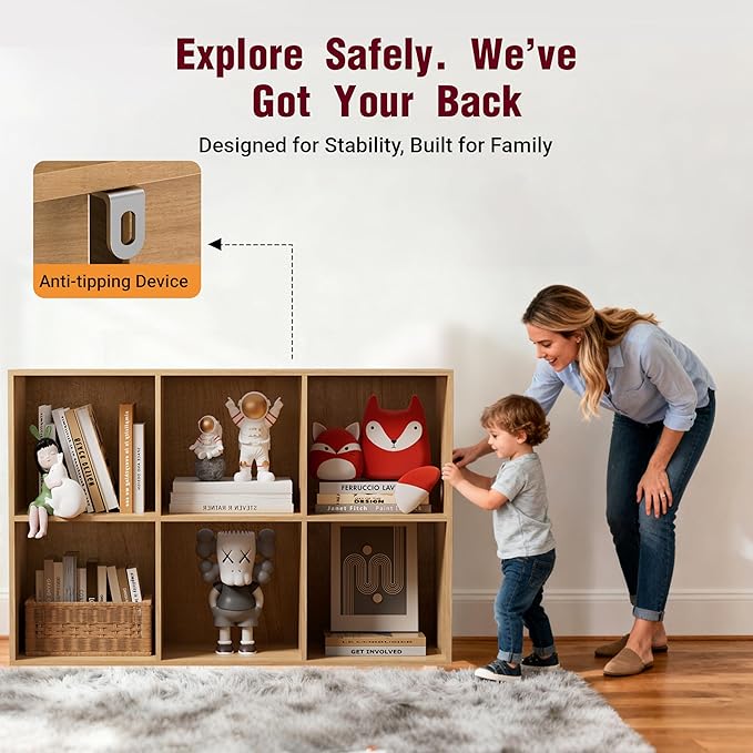 Book Shelf, Wooden Cube Storage Organizer with 11" Open Cubes, Stackable Modular Bookcase for Room Divider Storage, 2 Tier Bookshelf for Living Room, Bedroom, Office (Oak, 6-Cube)