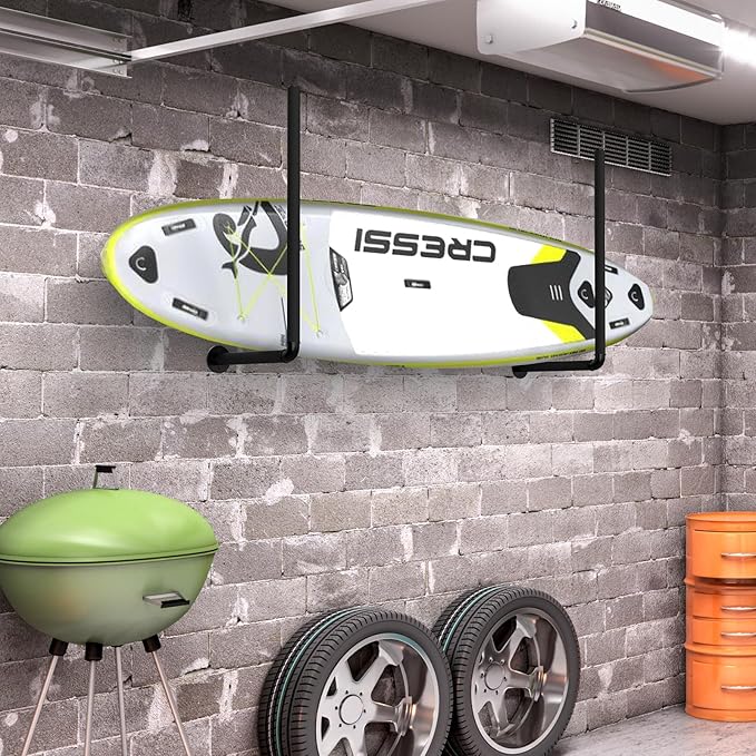 Surfboard Wall Mount or Ceiling Rack, Heavy-Duty Overhead Garage Storage Rack with Sponge Pads, Garage Ceiling Storage Racks for Ladder, Surfboard, Snowboard, Paddle Boards, Holds 100 lbs, Black