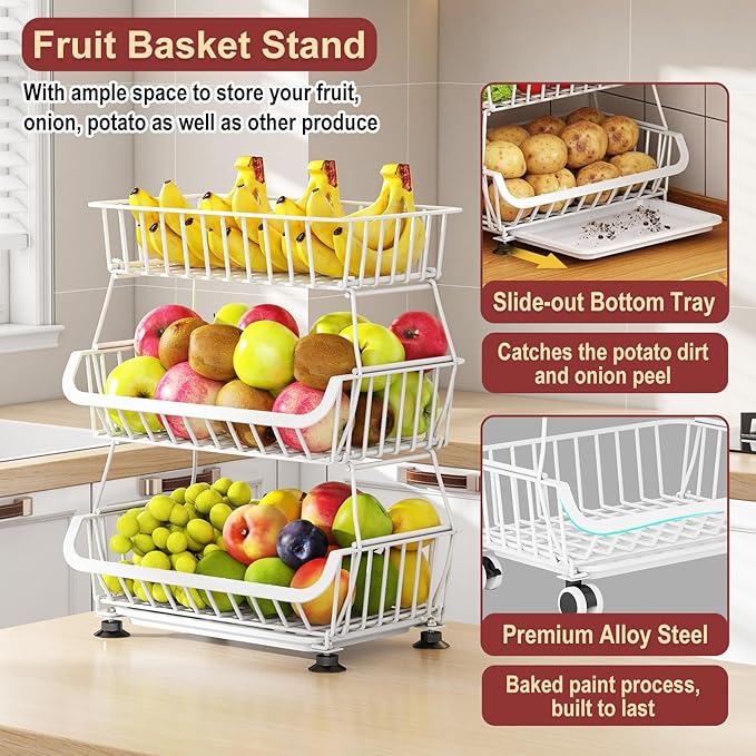 3-Tier Rolling Pantry Cart with Wheels, Stackable Wire Storage Floor Organizer for Kitchen Pantry Snack Shelves, Fruit Basket Stand, Vegetable Storage Rack for Food Snacks Onion Potato, White