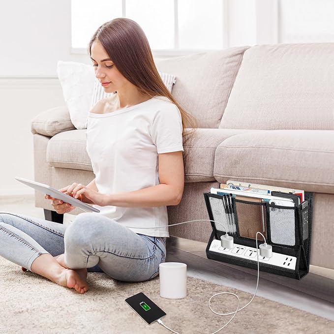 Bedside Caddy Hanging Bed Organizer Storage Bag Pocket with Power Strip Holder Multi-functional Organizer Caddy for Remotes Phone Glasses Magazines, Tablets, Accessories (7 pocket)