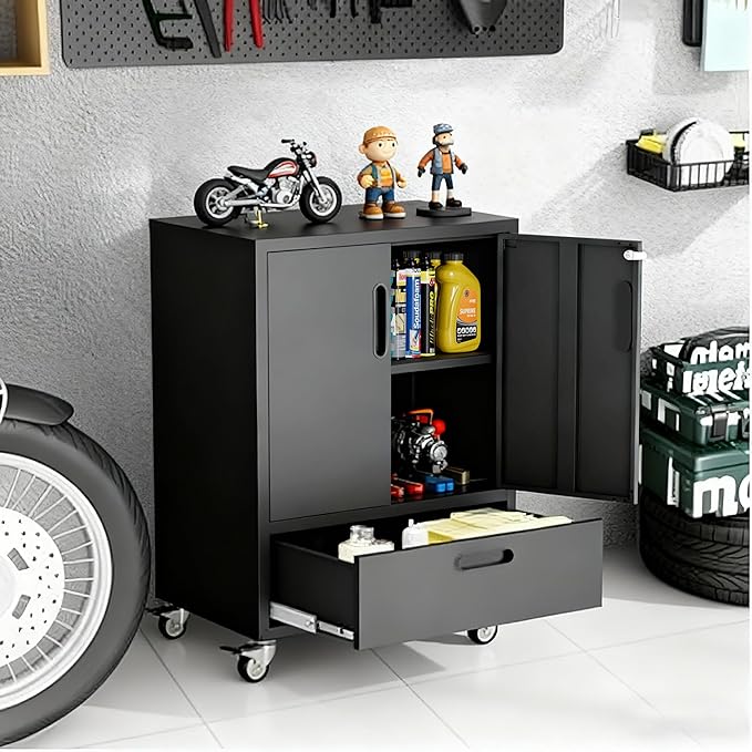 Metal Garage Storage Cabinet with Wheels,Black Lockable Rolling Tool Cabinet with Drawer and Adjustable Shelves,Heavy Duty Tools Cabinet for Home Office Utility Room