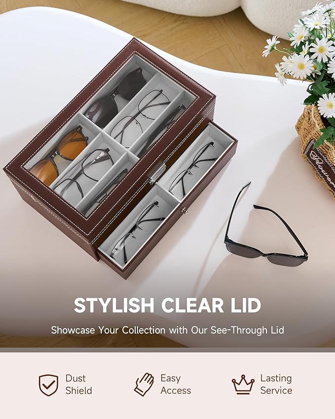 CO-Z Sunglasses Organizer with 12 Slots, Leather Eyeglasses Storage Box for Women Men, 2 Story Lockable Display Case for Multiple Glasses, Sunglasses Jewelry Collection Holder with Drawer, Brown