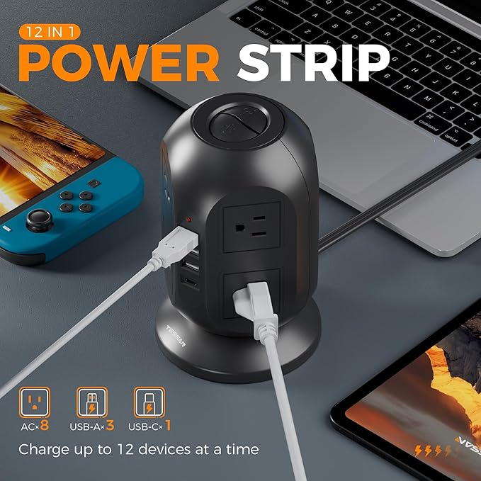 Surge Protector Power Strip Tower, TESSAN 10 ft Flat Extension Cord with Multiple Outlets, 8 AC Outlets 4 USB Ports (1 USB C), Charging Station with Surge Protection for Home Office Dorm, Black
