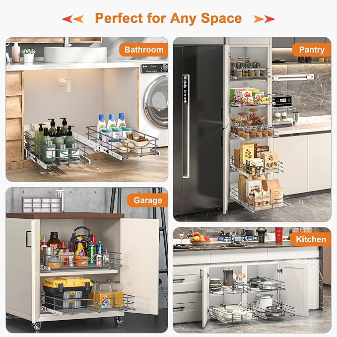 ALINE FURNITURE 2-Tier Pull Out Cabinet Organizer - 8" W x 22" D Soft Close Sliding Shelves with Shelf Liners - Pullout Drawers for Kitchen Cabinets, Pantry, Bathroom, Heavy Duty Steel Wire Baskets