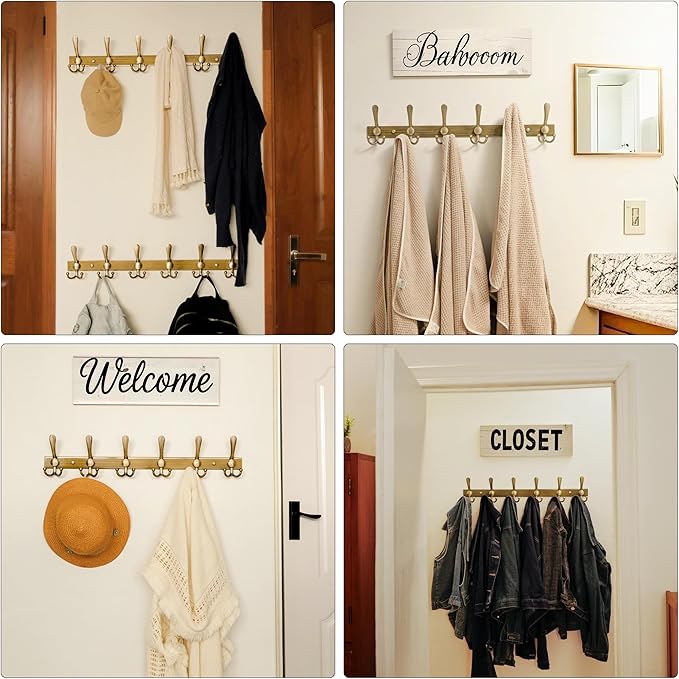 Dseap Coat Rack Wall Mount 2.0 Pro: 24” Long, 3X Tougher, Heavy Duty Stainless Steel Wall Coat Hanger with 6 Tri Hooks for Clothes Jackets Hats Entryway Closet, Bronze, Pack of 2