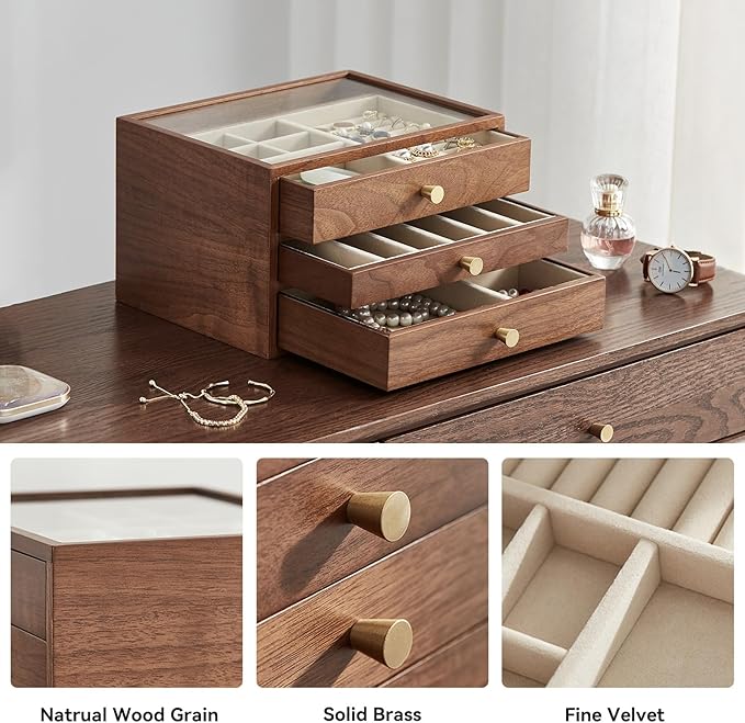 Black Walnut Wooden Jewelry Box Women large 3 Layer Drawer Organizer Box with Glass Lid for Necklaces, Watch, Necklace, Ring, Earring Storage - Christmas Gifts