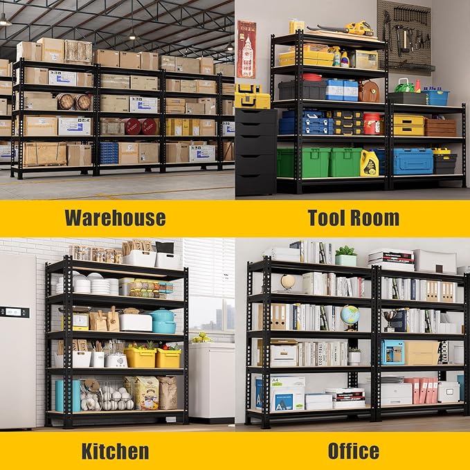 5-Tier Metal Storage Shelves: Heavy Duty Garage Shelving Adjustable Shelves for Storage - Black Utility Rack Shelf for Pantry, Warehouse, Office, Kitchen, 28" W x 12" D x 59" H, 3PCS